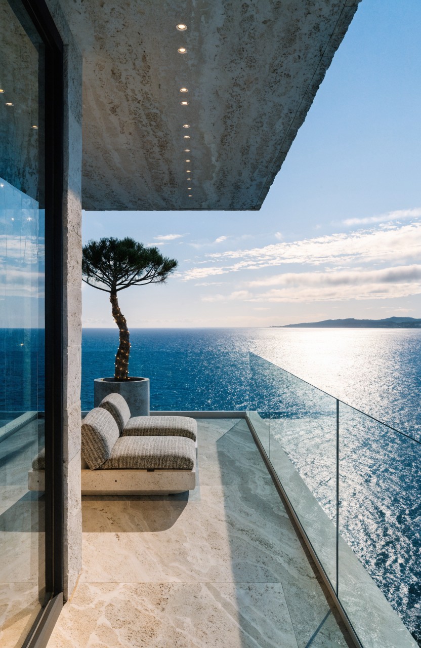 Modern cantilevered balcony with concrete overhang featuring recessed linear lights, two beige lounge chairs, potted pine tree, glass railing, and ocean view.