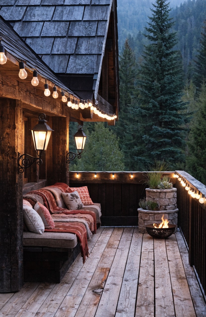Wooden balcony on a chalet-style house in a forested mountain setting, featuring hanging bulb string lights, post lanterns, cushioned bench seating, blankets, potted plant, stone fire pit, and wood decking.
