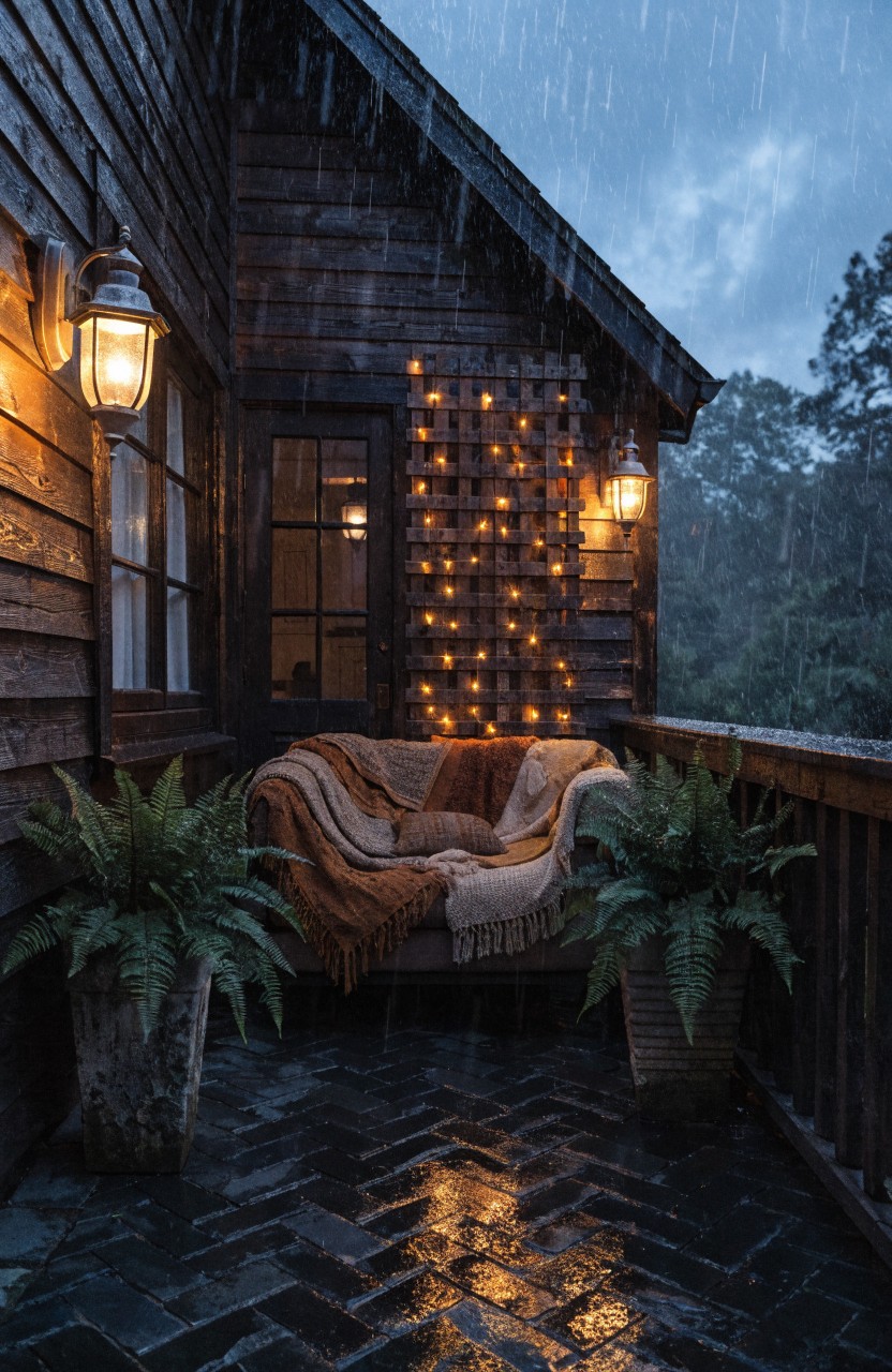 Wooden cabin balcony in the rain with string lights on a lattice wall, hanging lanterns on posts, couch with blankets and potted ferns on wet dark brick-patterned floor.
