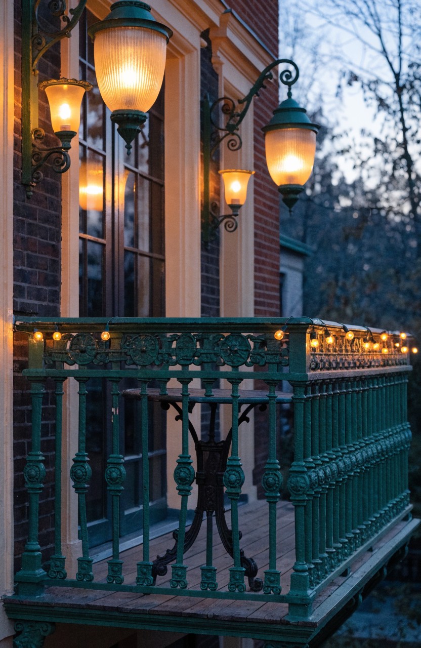 Brick house exterior with green wrought-iron balcony railing strung with lights, flanked by several glowing wall-mounted lanterns beside tall windows at dusk.