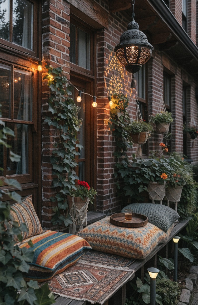 Brick townhouse exterior with ivy on walls, string lights along balcony rail, hanging lantern, potted plants, and bench with patterned cushions.