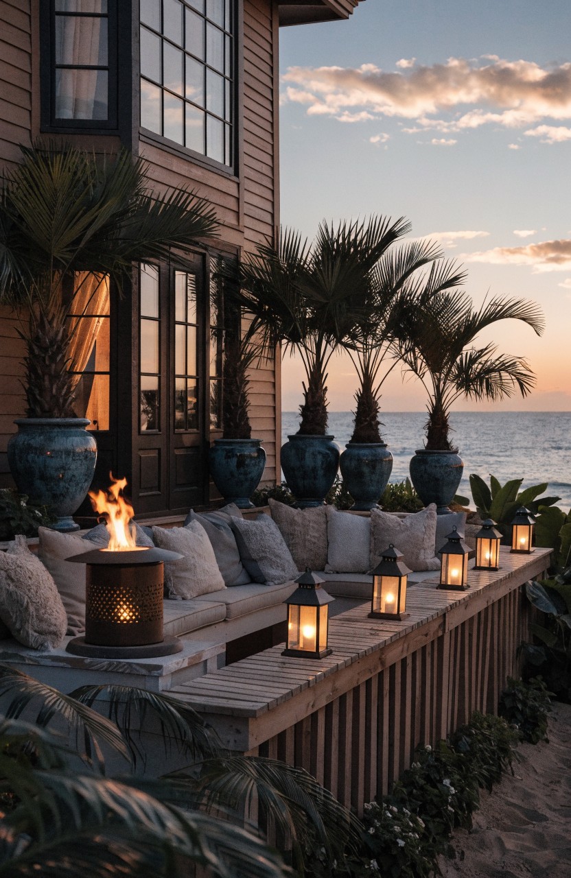 Wooden deck balcony outside a shingle siding house with central metal fire pit, cushioned bench seating, multiple hanging lanterns, potted palms in blue ceramic pots, and ocean view at sunset.