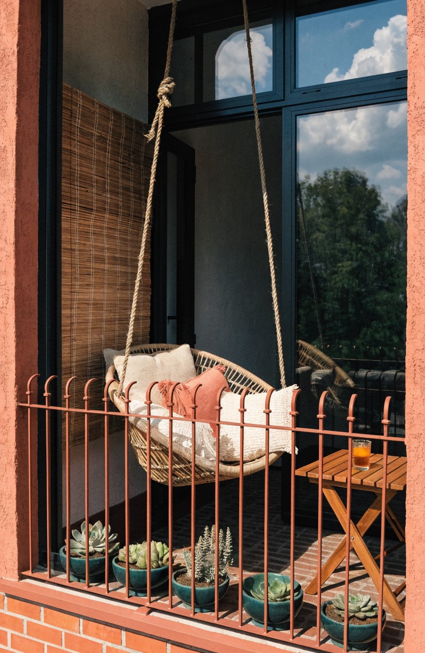 Balcony viewed through large glass doors, featuring a beige woven hanging swing chair with pink and white cushions, potted succulents on the floor, a small wooden table, bamboo screens, and red brick walls with black metal railing.
