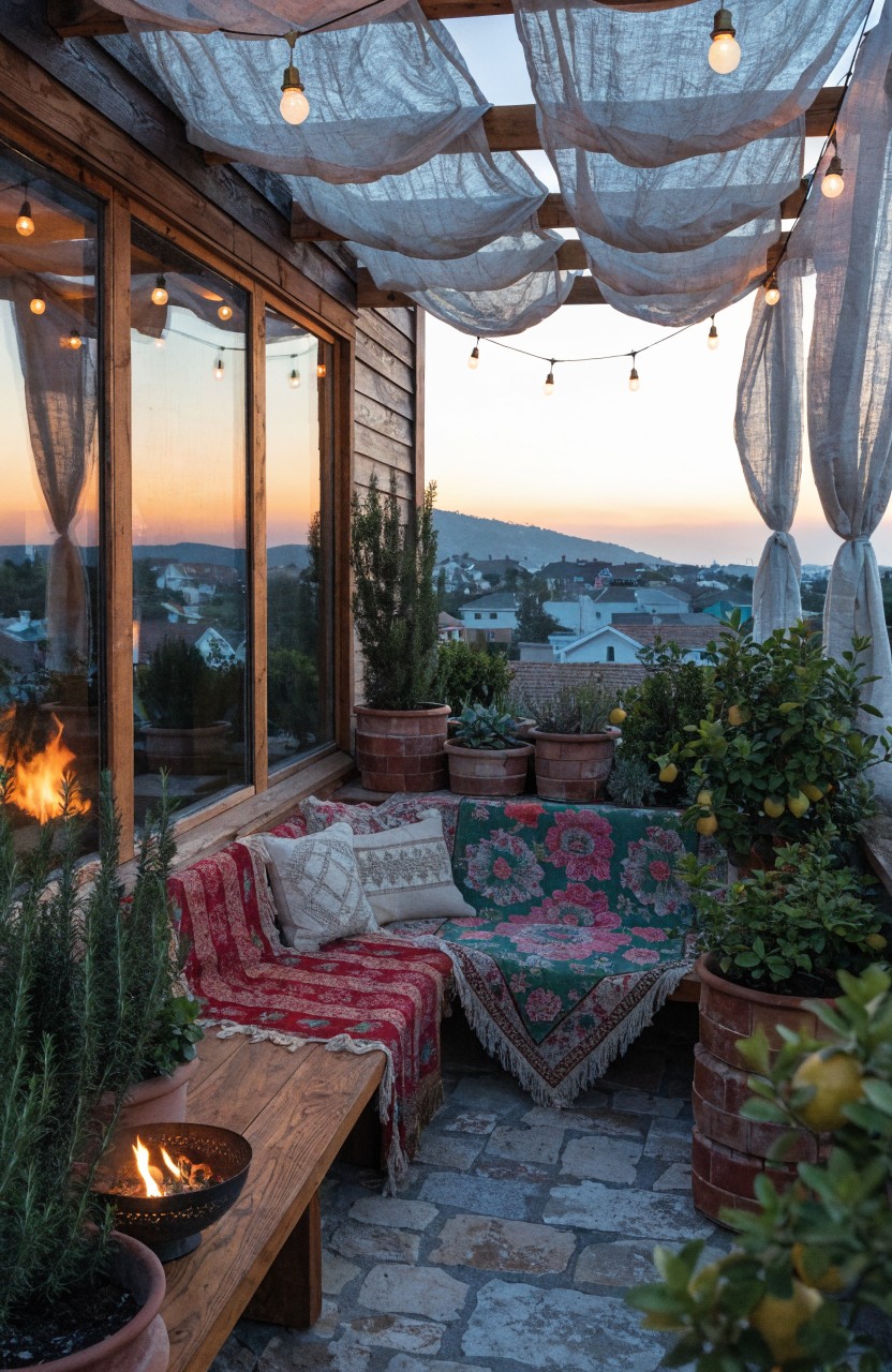 Wooden balcony with pergola draped in sheer white fabric and string lights overhead, built-in bench seating with patterned cushions and rugs, potted plants, fire bowl, large windows to house interior, and sunset view beyond.