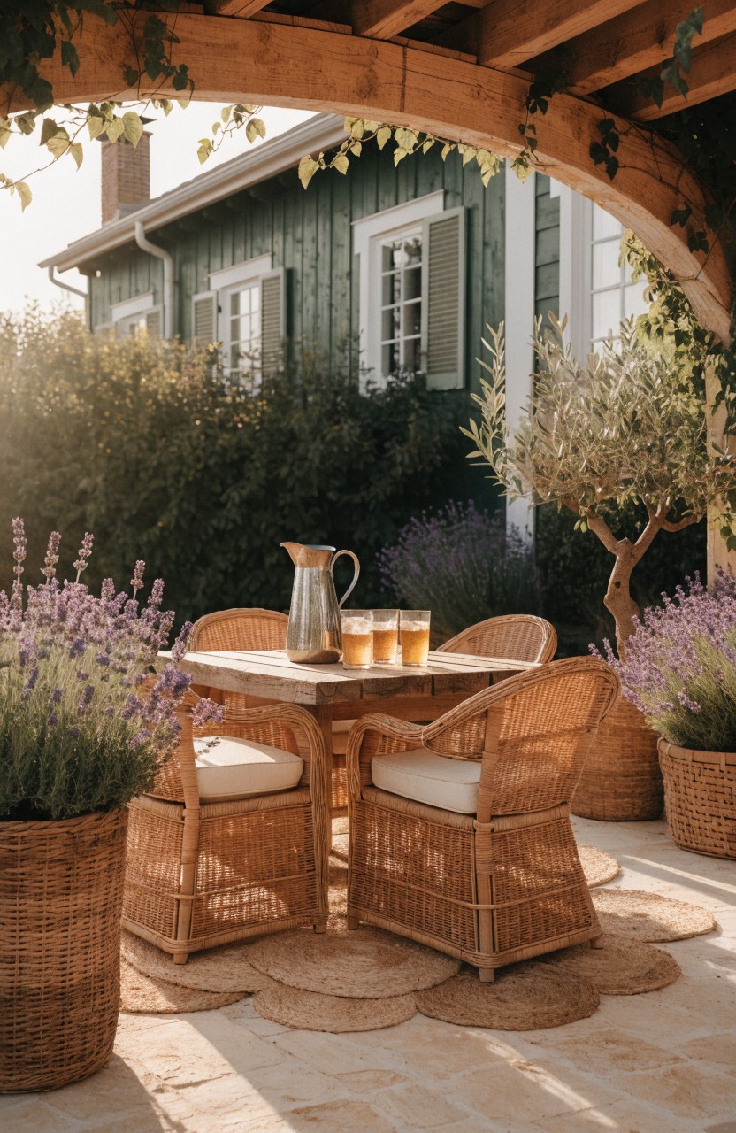 Wooden pergola arches over a stone-paved patio with rattan chairs and a table holding a pitcher and glasses of iced tea, potted lavender plants around the edges, and a green-shuttered house in the background.