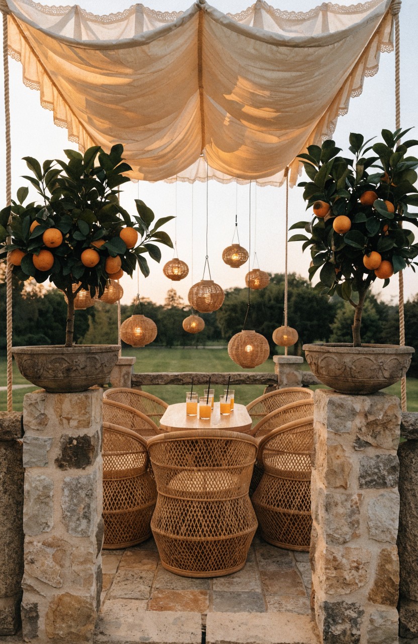 Outdoor terrace featuring a sheer lace-trimmed fabric canopy draped overhead, rattan chairs and table below, potted orange trees flanking the sides, hanging lantern lights, stone pillars, and greenery in background.