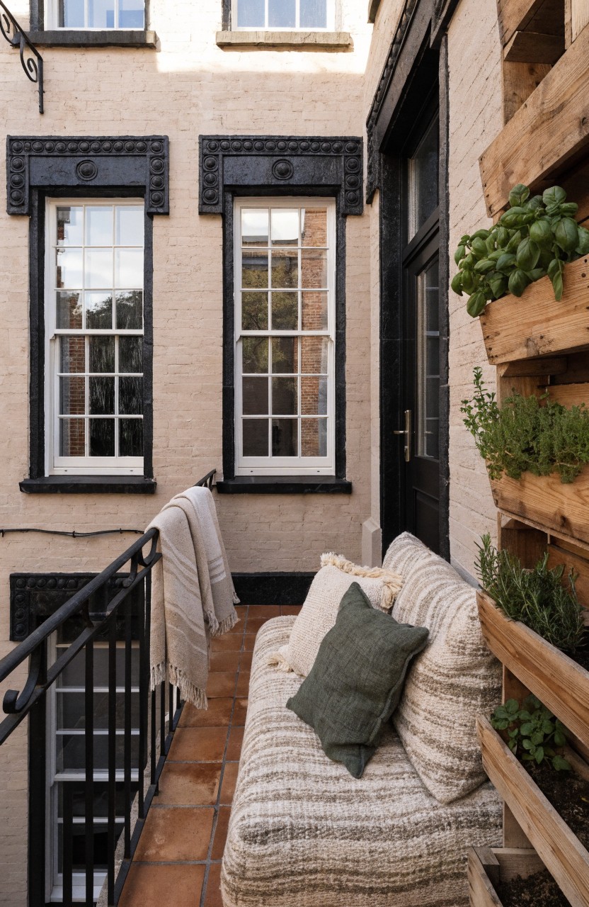 Narrow balcony on a light brick townhouse with black window frames, wooden wall planters holding basil and herbs, a cushioned striped sofa with green pillows, a draped white blanket on the railing, and terracotta tile floor.