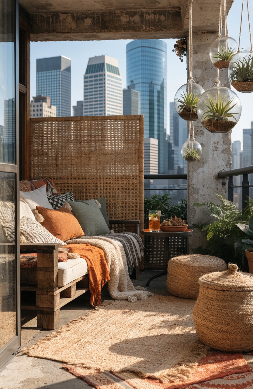 A concrete urban balcony with a tall woven bamboo privacy screen behind a pallet bench piled with colorful cushions and pillows, hanging glass terrariums with plants, potted greenery, and a city skyline view.