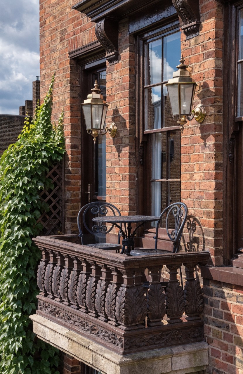 Brick townhouse exterior with a small balcony holding a round black metal table and two matching chairs, ornate carved wooden balustrade, ivy-covered trellis nearby, and wall-mounted lanterns beside tall windows.