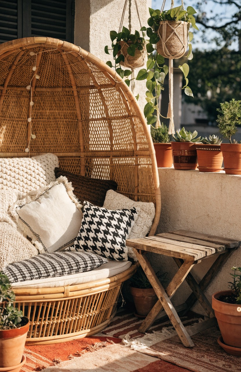 Balcony with a large beige woven hanging egg chair containing knitted blanket and patterned pillows, surrounded by potted plants, hanging greenery, a small wooden table, and a woven rug on tiled floor.