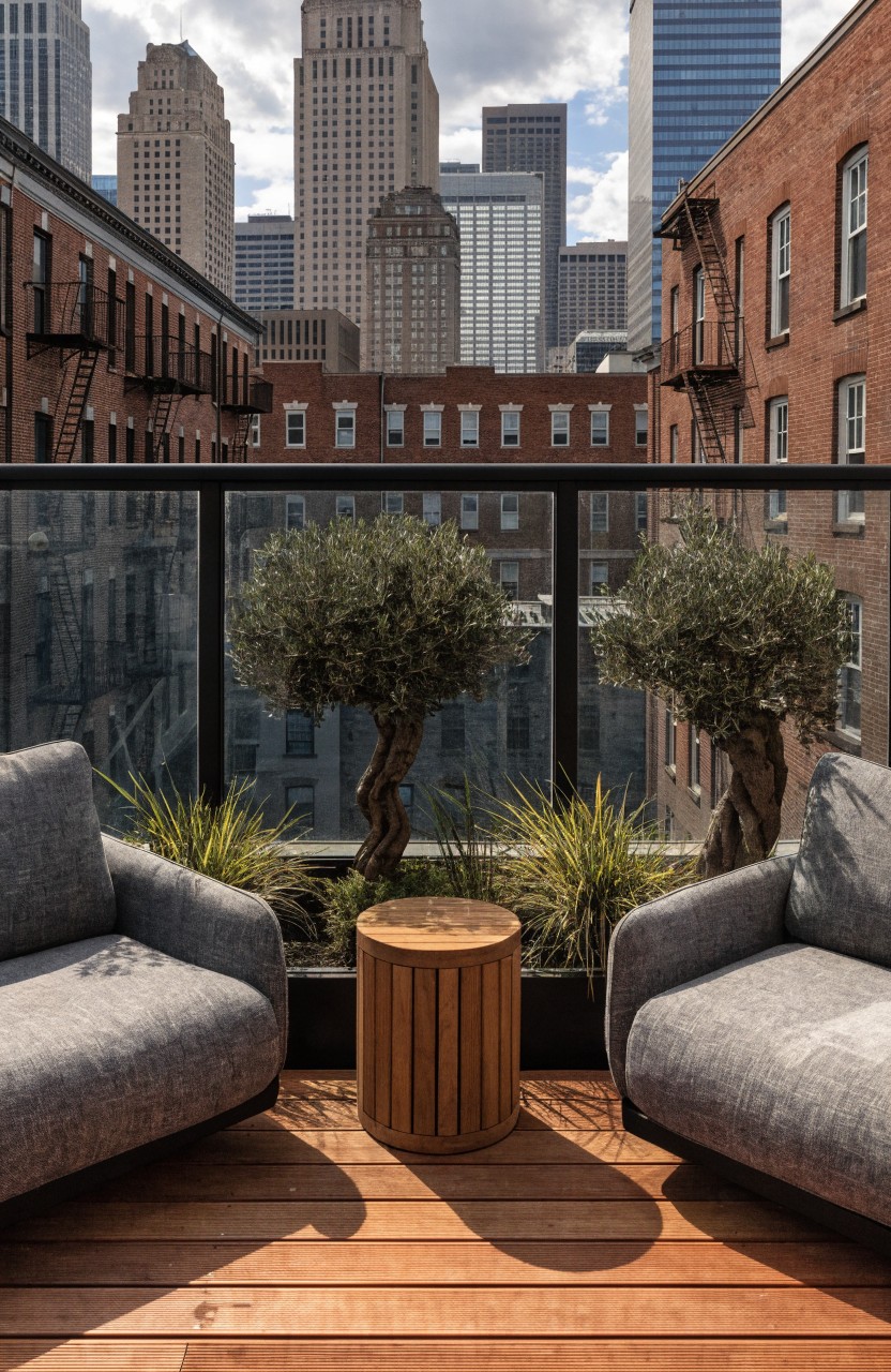 Apartment balcony with two gray lounge chairs facing a round wooden stool table, flanked by two potted olive trees, glass railing, wooden deck flooring, and city skyline in background.