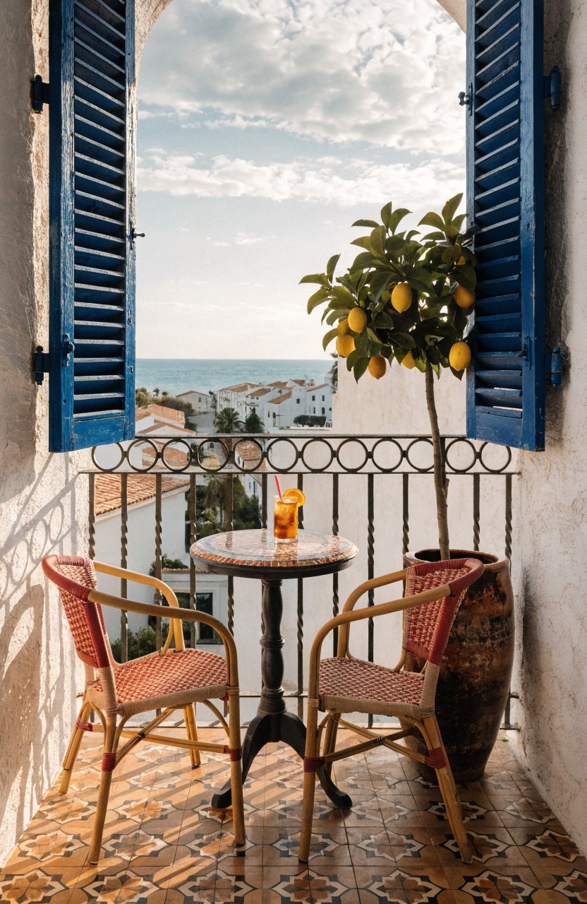 White stucco balcony framed by open blue shutters and wrought iron railing, featuring a small round table with two woven armchairs, a potted lemon tree, terracotta tile floor, and sea view.