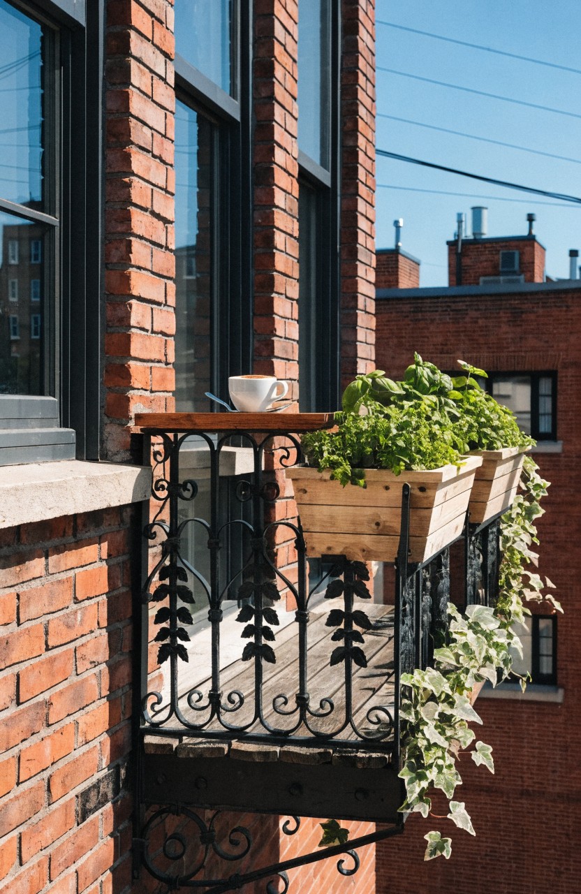 Wrought iron balcony railing on a red brick apartment building exterior with two wooden planters filled with green herbs and trailing ivy, and a white coffee cup on the ledge.