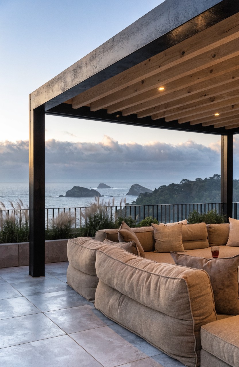 Modern pergola with black metal frame and wooden slats covers beige modular lounge sofas on a tiled balcony with pampas grass planters overlooking ocean rocks and hills at dusk.