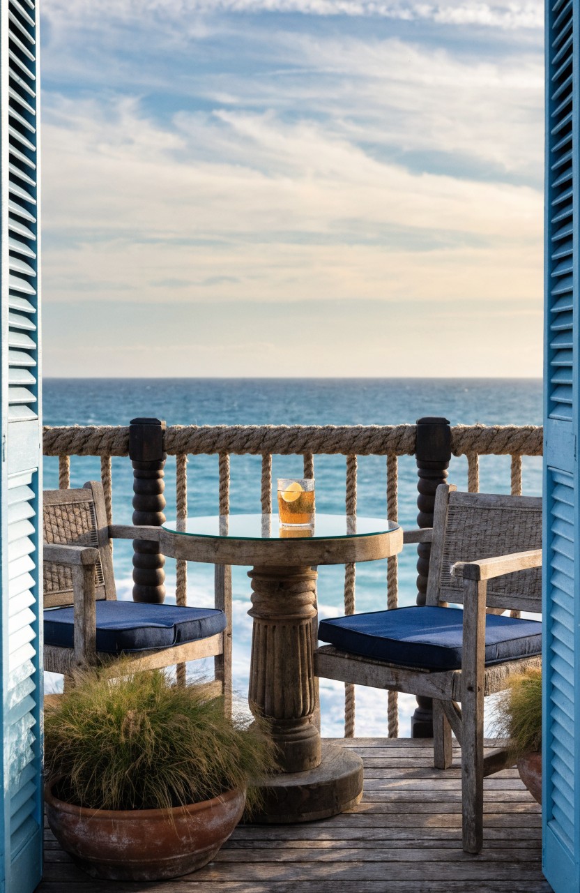 Balcony with open blue shutters, small round wooden table holding a glass with orange liquid, two blue-cushioned wicker chairs, potted grasses, rope balustrade, and ocean view under a partly cloudy sky.