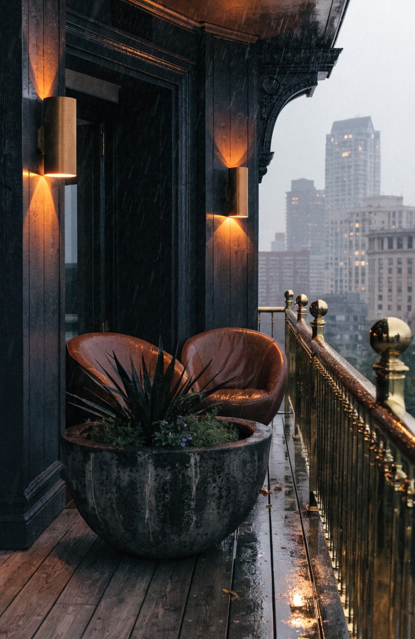 Dark-walled balcony with two pairs of rectangular brass wall sconces flanking a door, two adjacent brown leather armchairs, a large terracotta pot containing agave and other plants, wooden deck flooring, ornate golden balustrade, and rainy city skyline view.
