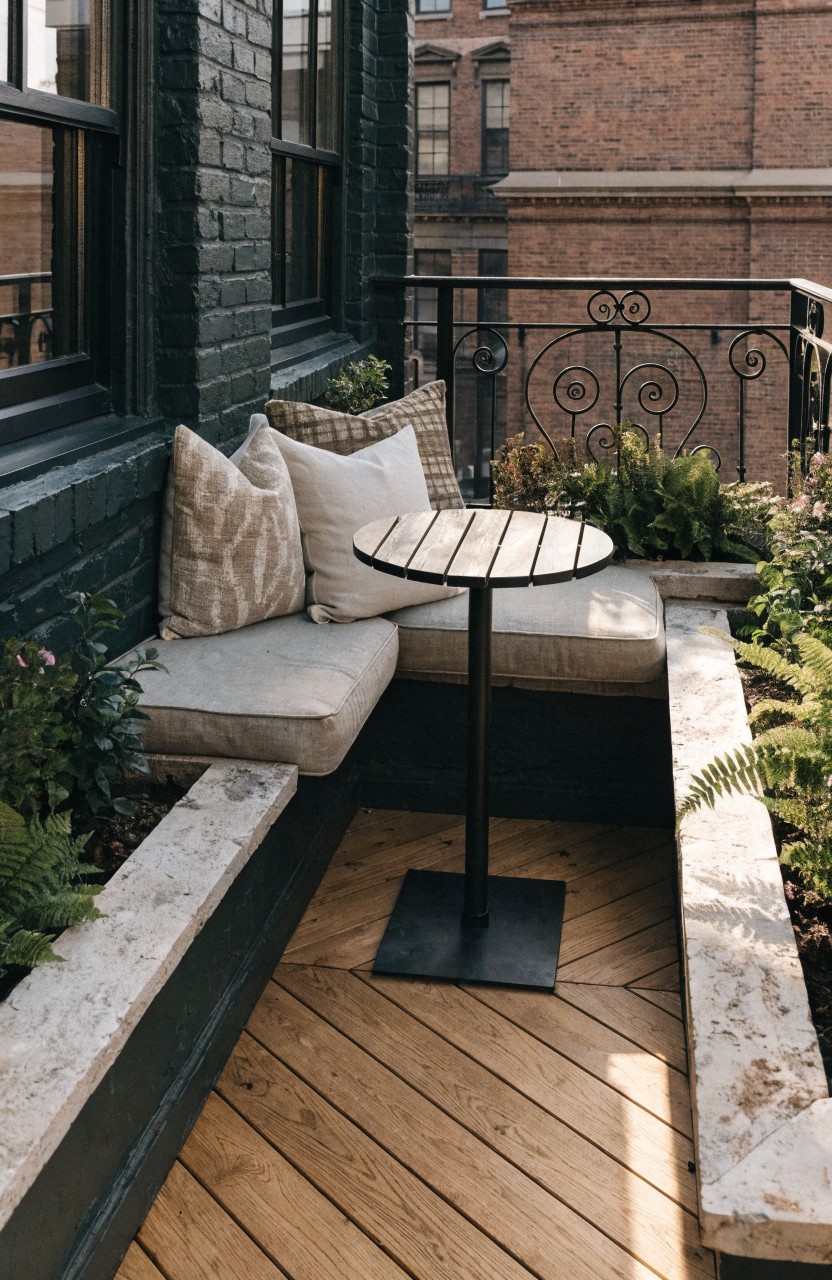 Small urban balcony featuring L-shaped built-in beige cushioned bench seating around a black metal round table, with potted plants, black brick walls, wrought iron railing, and wooden deck flooring.