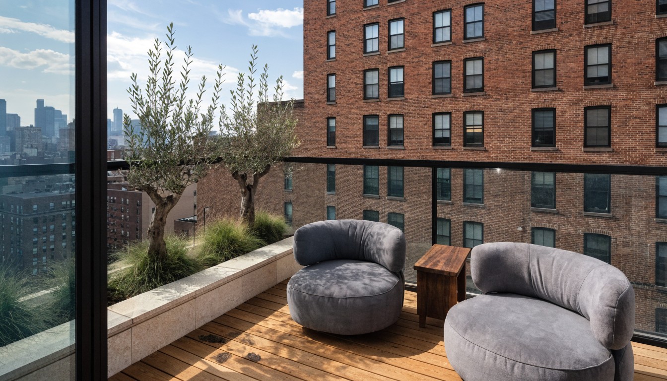 Apartment balcony with two gray lounge chairs facing a round wooden stool table, flanked by two potted olive trees, glass railing, wooden deck flooring, and city skyline in background.