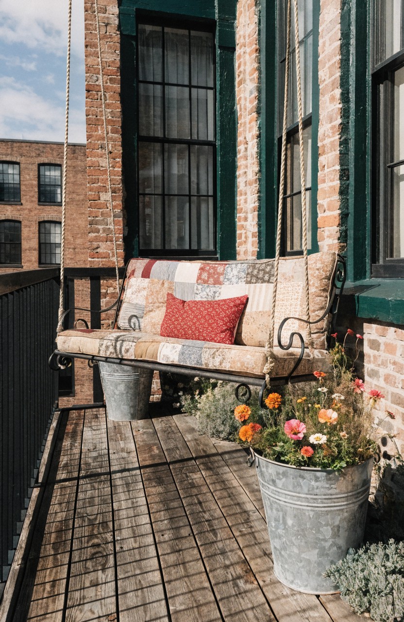 A patchwork-quilt-covered bench swing hangs from chains on a wooden balcony deck of a brick building with green window frames and potted flowers in galvanized buckets.