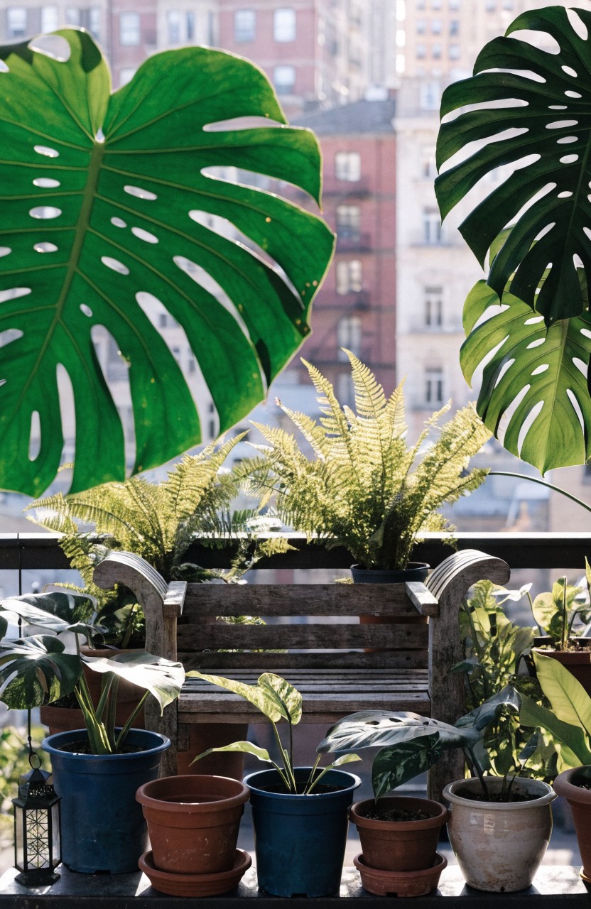 Balcony with large monstera plants framing a wooden bench, assorted potted plants and ferns nearby, and brick buildings visible in the background.
