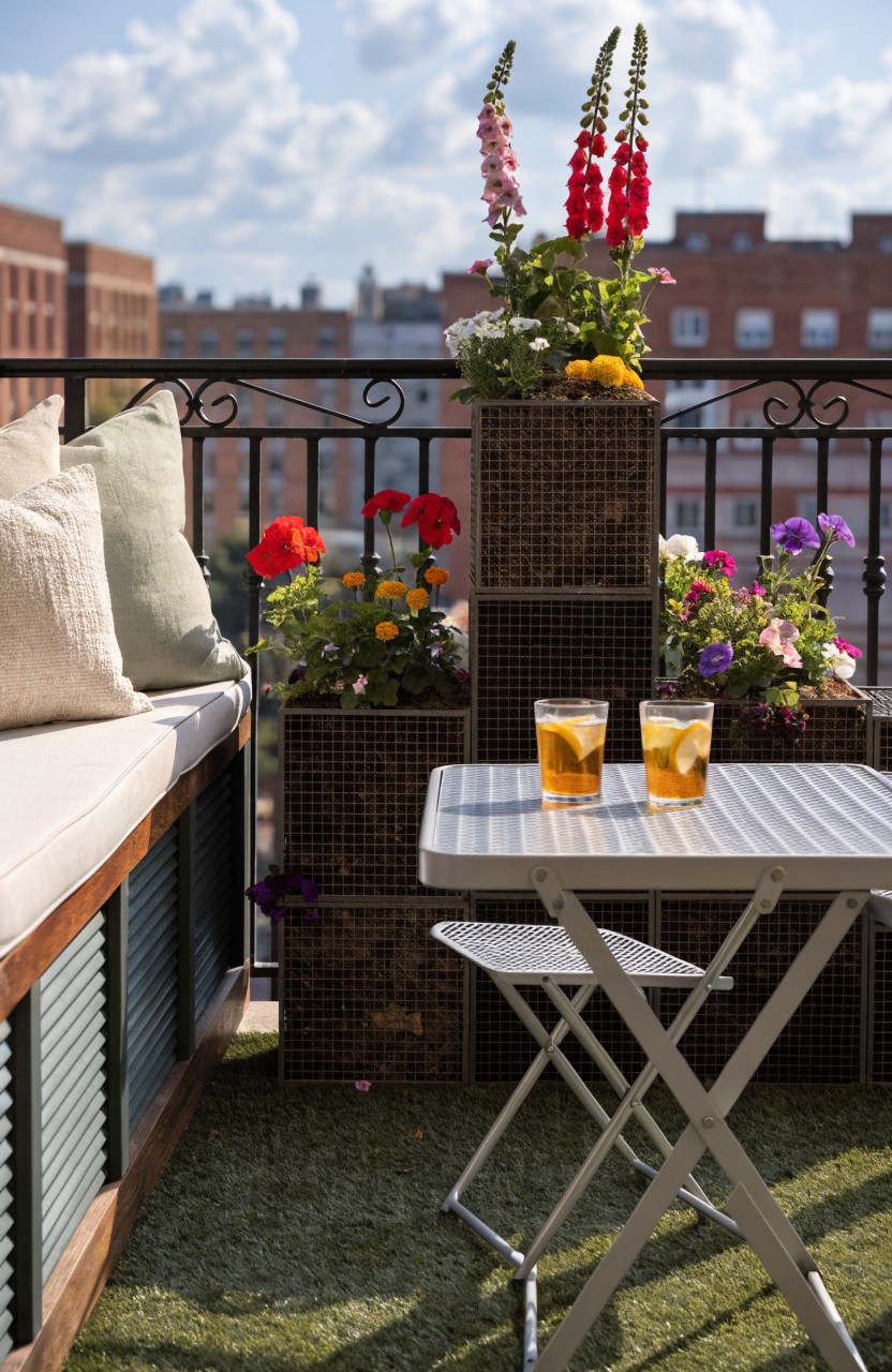 Apartment balcony with stacked wicker planters containing colorful flowers including tall pink foxgloves and red geraniums, a cushioned bench, small metal table holding two glasses of iced tea, artificial turf floor, and city buildings in background.