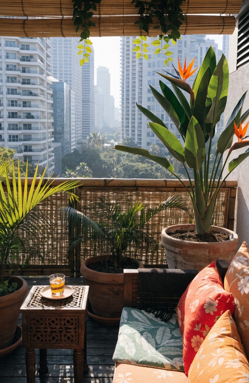 Apartment balcony with large potted tropical plants including bird of paradise and palms, bamboo screens for privacy, woven furniture with orange and green cushions, a small table holding a drink, and city high-rises in the background.