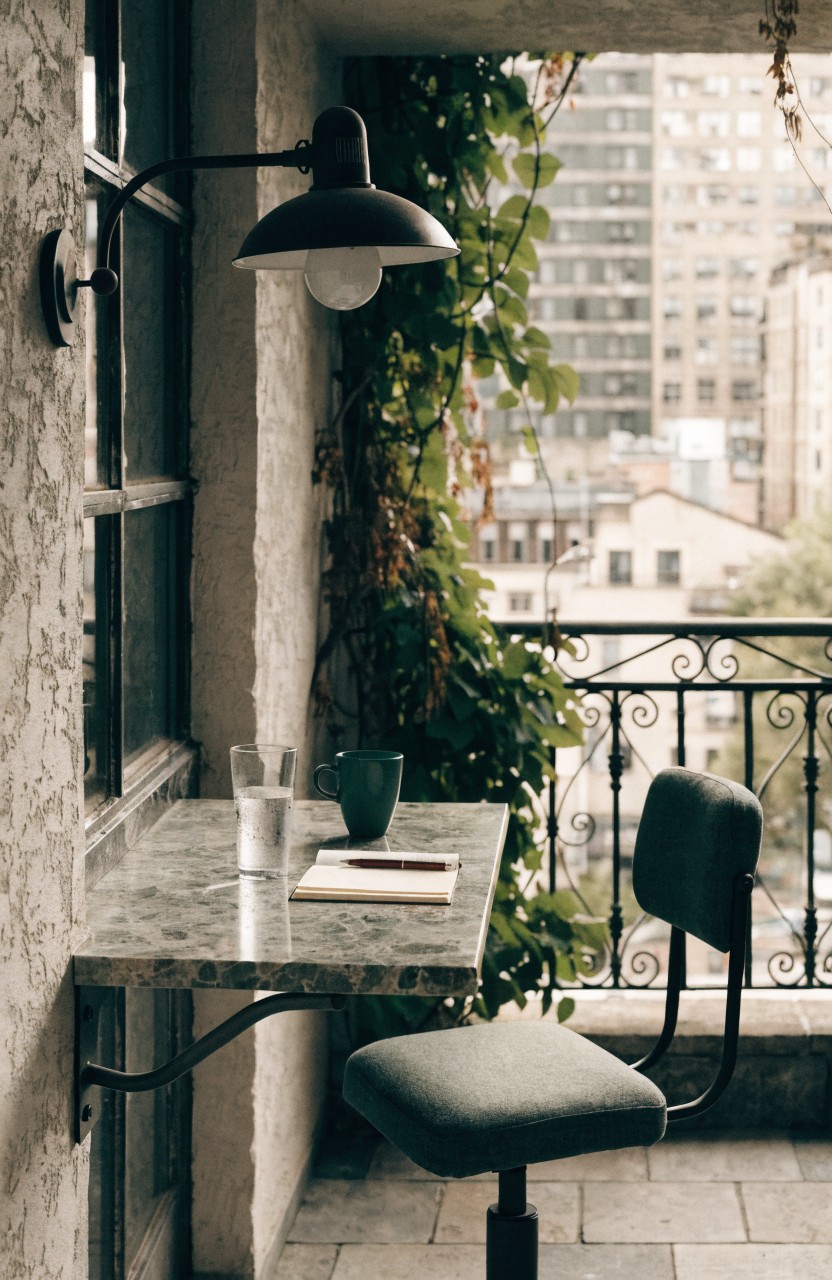 Small apartment balcony featuring a fold-down green marble table attached to the stucco wall, a green metal chair, adjustable black wall lamp, ivy vines, and black wrought-iron railing with city view beyond.