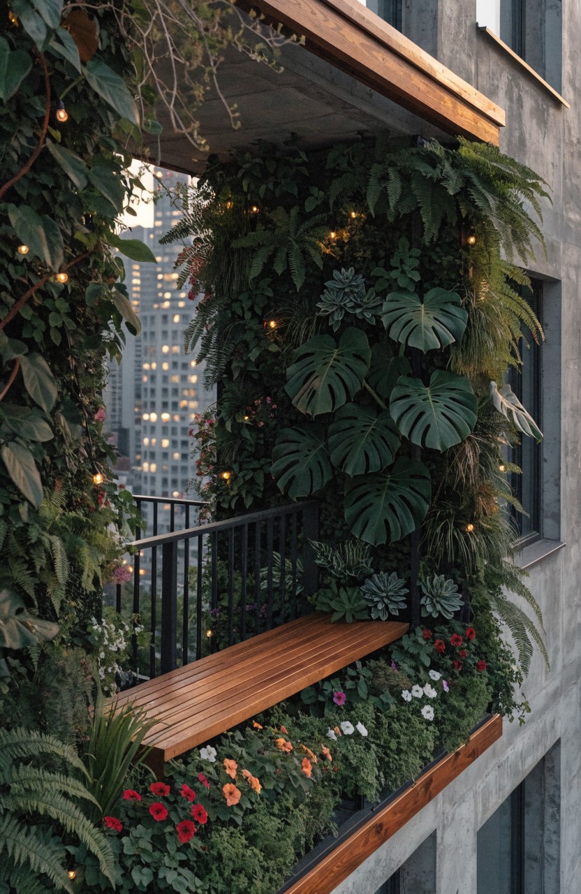 Modern urban balcony with dense green plants and vines covering walls and railings, wooden bench, flower boxes, and string lights overlooking city buildings.