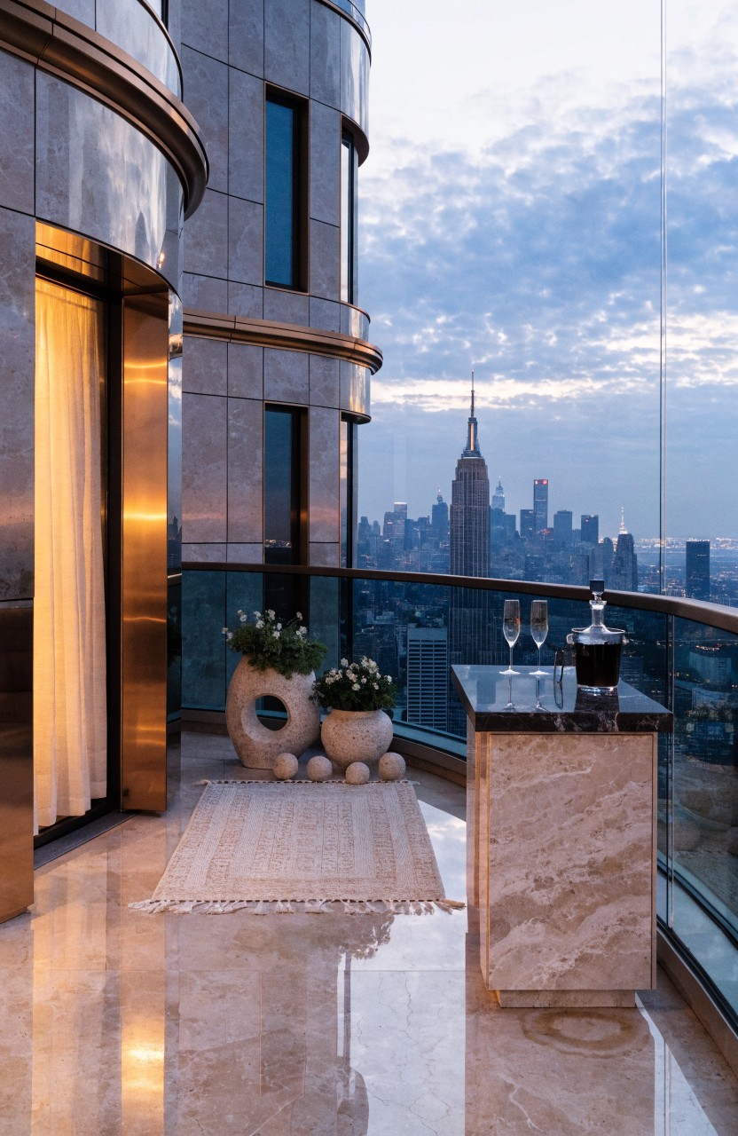 High-rise balcony with curved metallic and glass exterior, marble bar table holding champagne bottle and two glasses, large white spherical planters with greenery and flowers, city skyline at dusk.