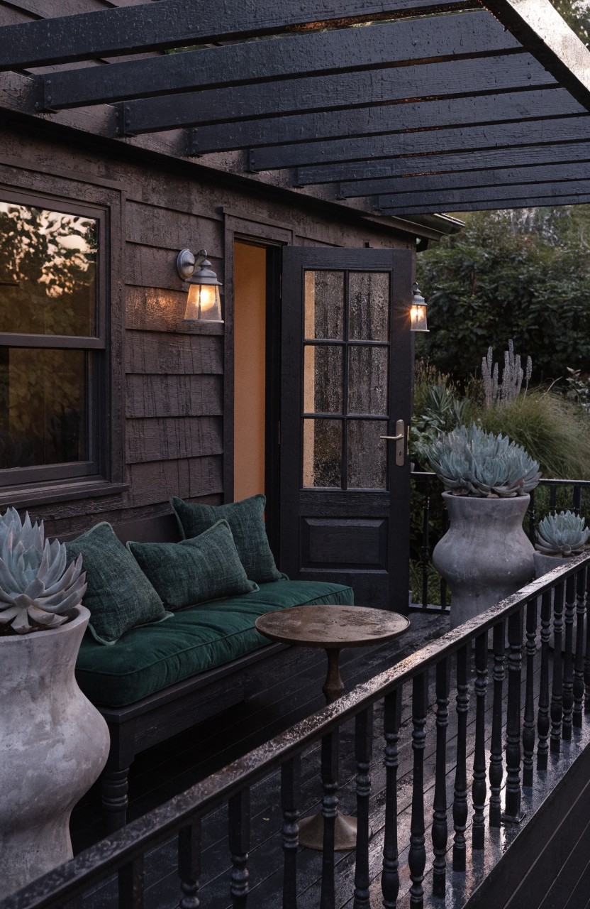 Dark-shingled house exterior with a balcony featuring a wooden bench with green cushions and pillows, small round metal table, large terracotta pots of succulents, lanterns beside a screened glass door, black railing, and pergola overhead.