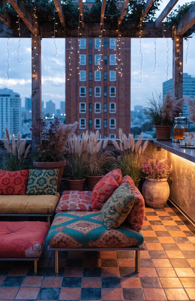 Rooftop balcony with wooden pergola overhead draped in string lights and climbing plants, colorful patterned cushions on low modular seating, potted grasses and flowers, a bar counter with lantern, and city buildings visible through the structure at dusk.