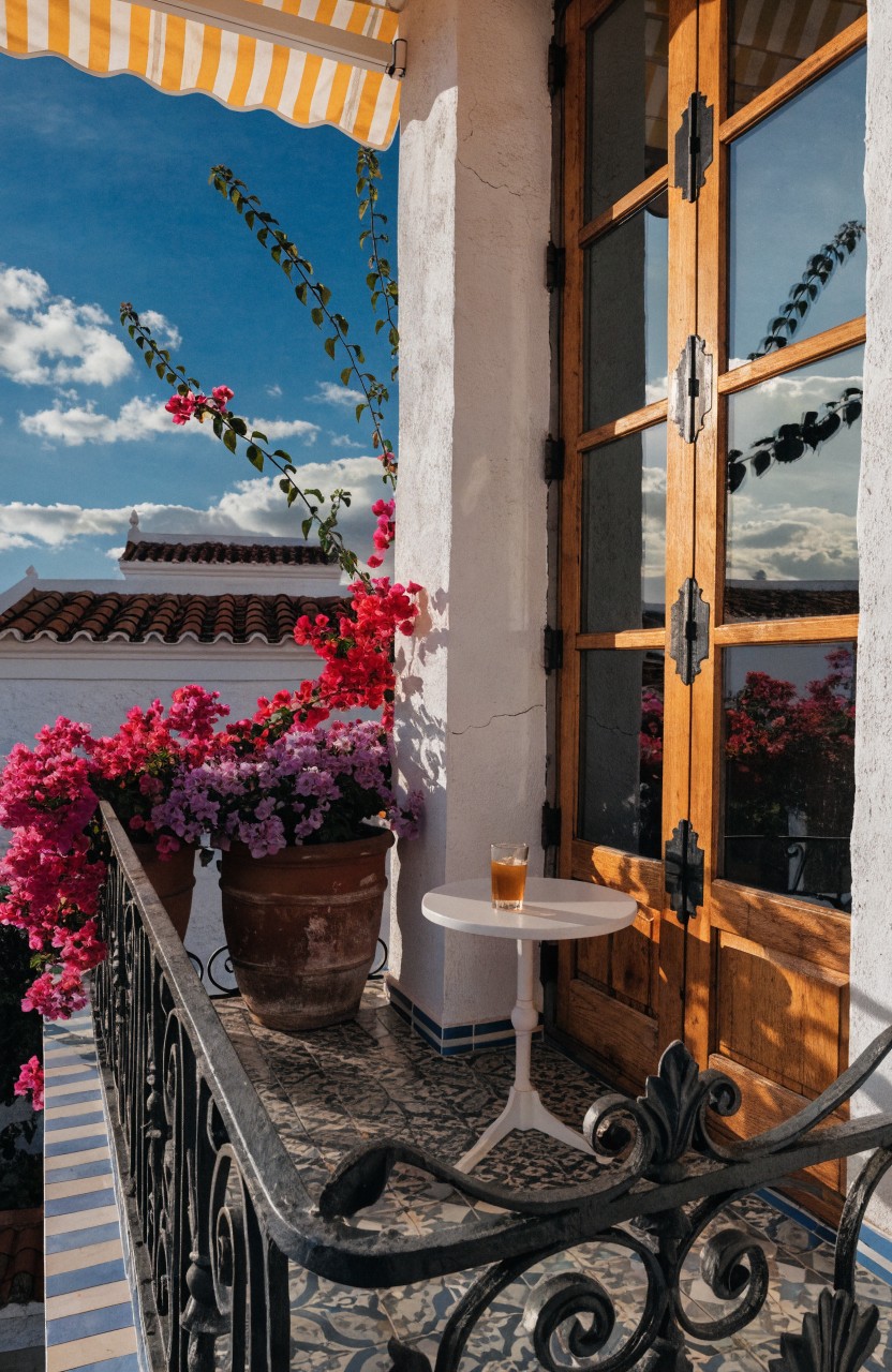 Vertical view of a white stucco balcony corner with pink bougainvillea climbing the wall and in terracotta pots, wooden French doors, black wrought-iron railing on blue tiled floor, small white table holding a glass of iced drink, yellow striped awning overhead, and rooftops in background.