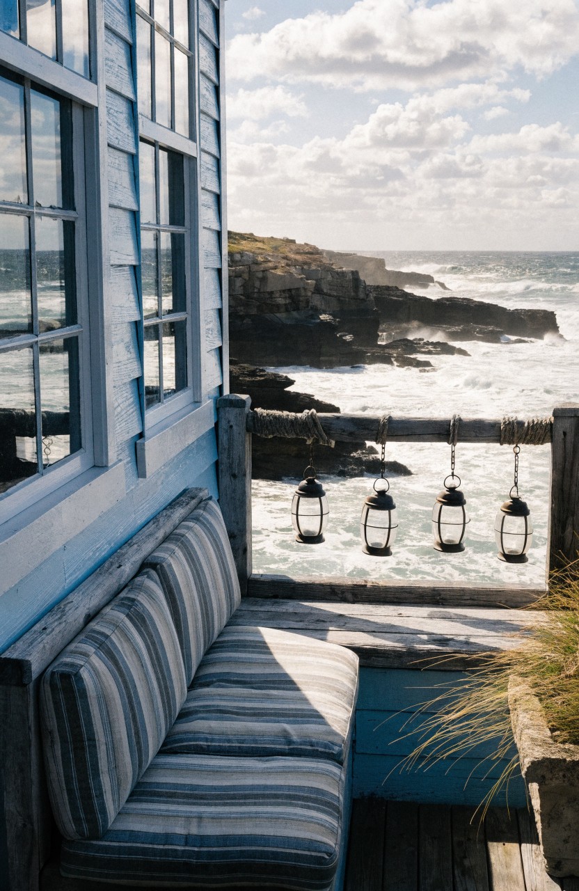 Blue wooden house exterior with large windows, a deck balcony holding a long striped cushioned bench along the railing, four hanging black lanterns, sea grass, and rocky ocean coastline in the background.