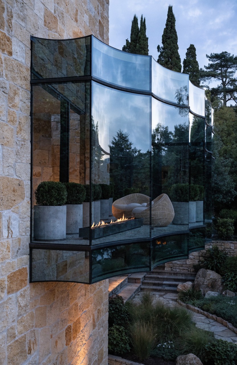 Stone house wall with a protruding curved glass balcony containing a linear gas fire pit, two woven lounge chairs, potted plants, and steps leading to a landscaped garden below.