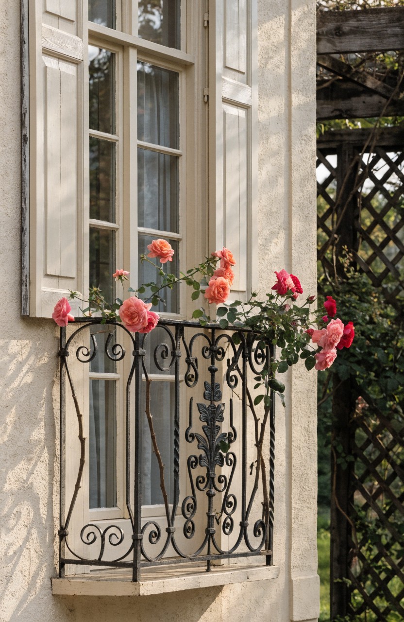 Beige stucco exterior wall with a tall window flanked by cream shutters and a black wrought iron balcony railing overflowing with clusters of orange roses, adjacent to a wooden trellis.