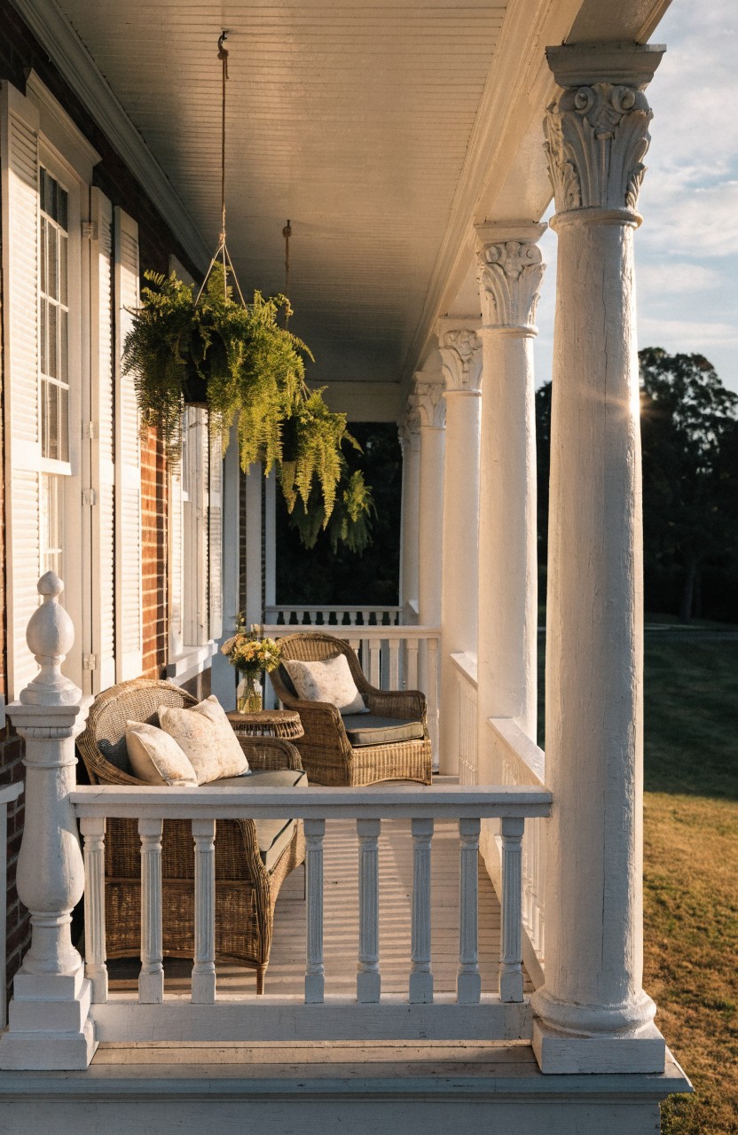 White fluted columns support a porch with hanging ferns, wicker chairs, cushions, and a small table in front of a house with shutters and windows.