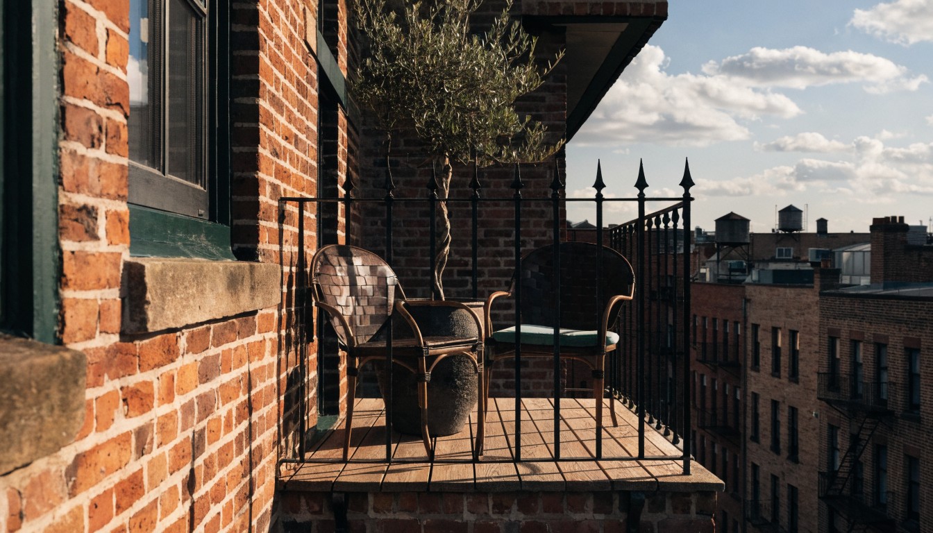 Brick townhouse exterior with black wrought iron balcony railing holding two wicker chairs, a small round table, and a potted olive tree beside large multipane windows.