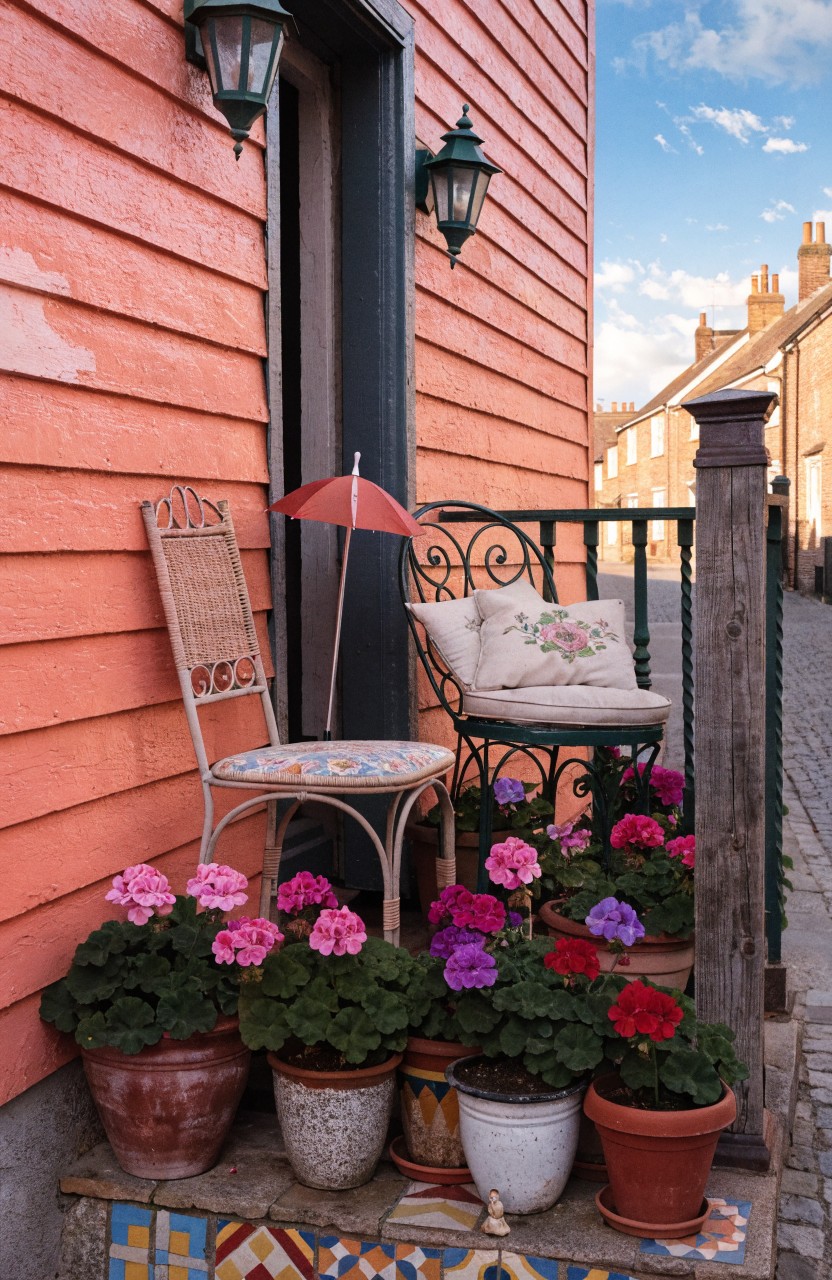 Bright pink clapboard house exterior with open black door flanked by lanterns, a wrought iron balcony railing enclosing a decorated chair and red umbrella, and multiple terracotta pots overflowing with pink and magenta geraniums on colorful mosaic-tiled steps.