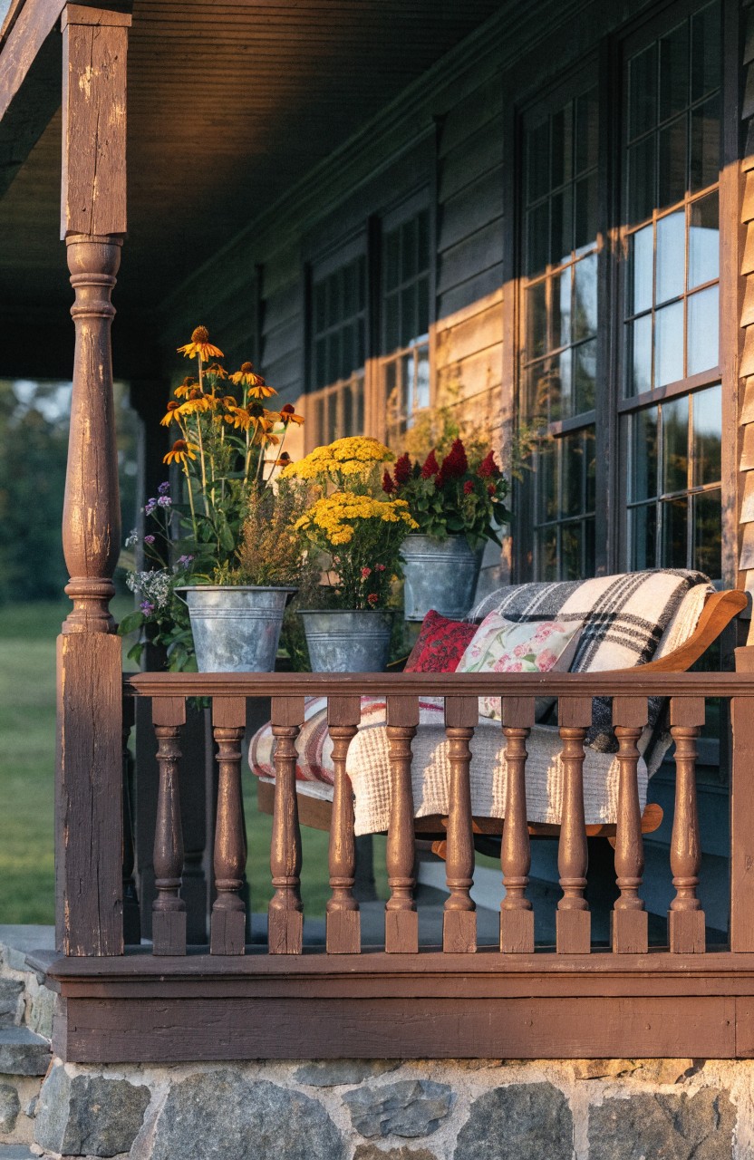Wooden porch balcony railing lined with metal buckets filled with yellow, orange, and red flowers, a swing with quilts and pillows nearby, dark shingled house wall behind, stone foundation, and grassy yard.