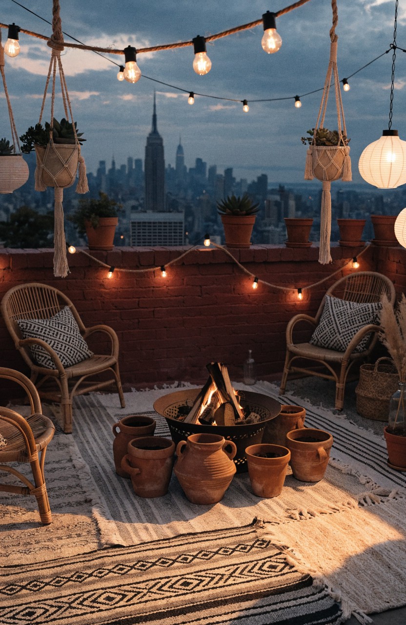 Balcony setup with hanging white string lights draped on ropes, rattan chairs around a central fire pit, macrame plant hangers, terracotta pots, and woven rugs against a red brick wall with city skyline view at dusk.