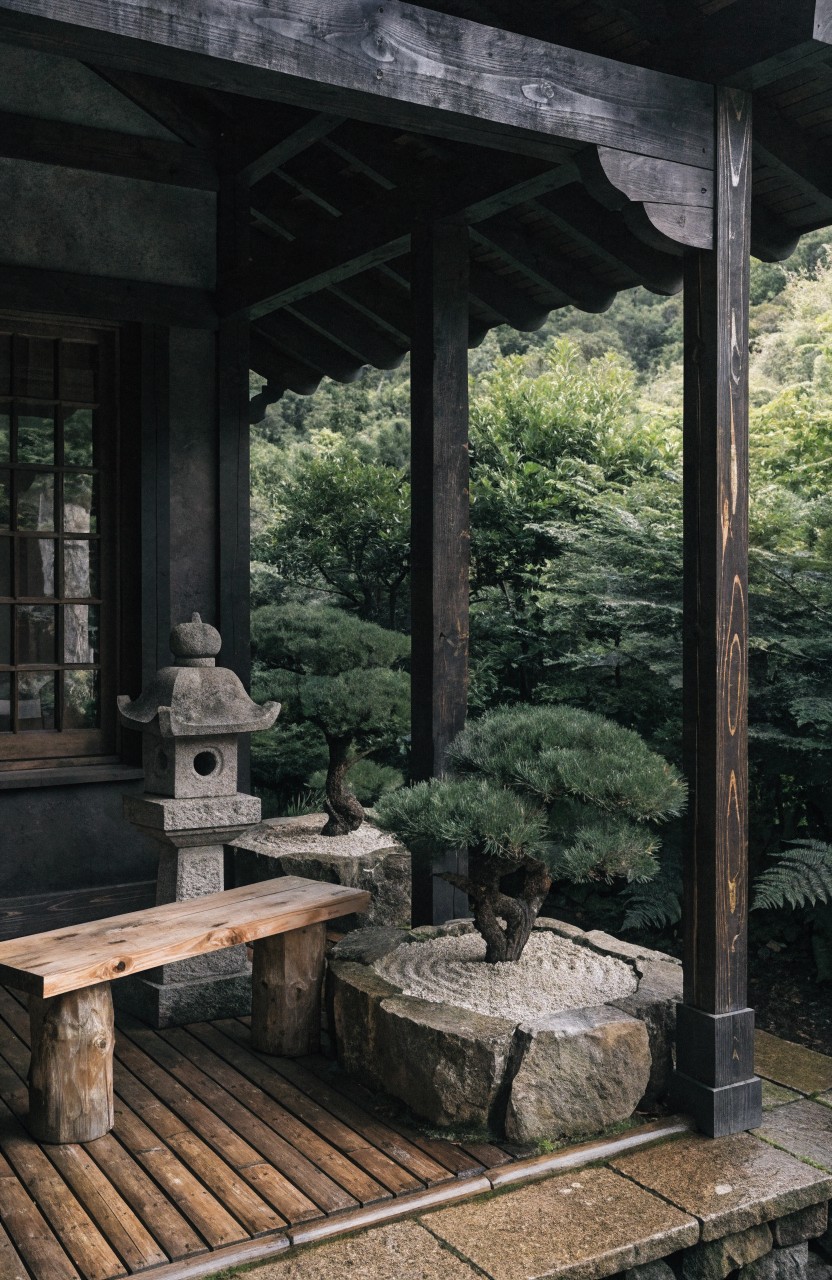 Dark wooden porch roof supported by timber posts over a planked deck with a rough-hewn wooden bench, stone lantern, bonsai tree on rock pedestal, and surrounding dense green foliage.