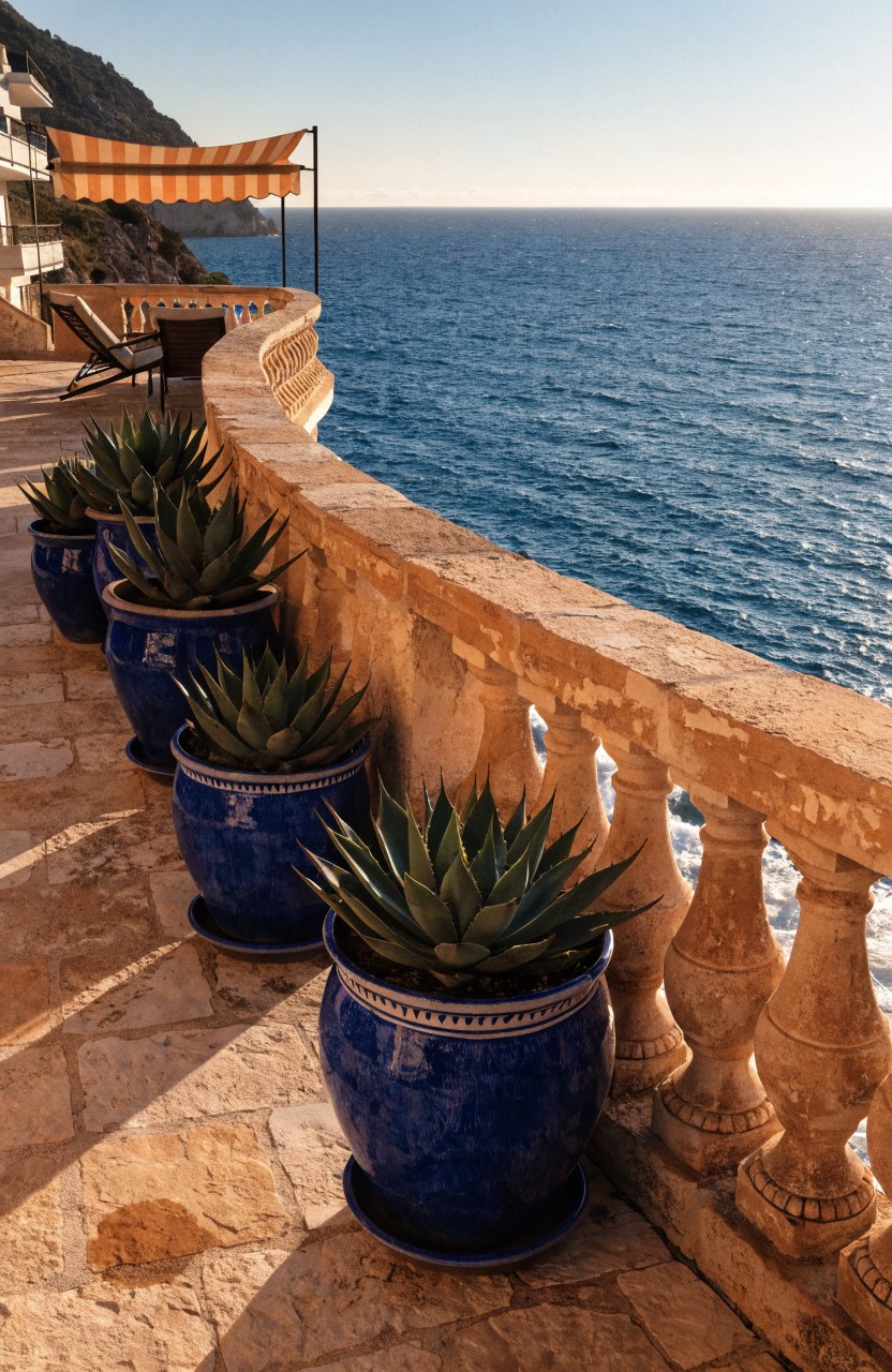 Curved stone balcony railing lined with four large blue pots containing agave plants, terracotta tiled floor, lounge chair, overlooking blue ocean at sunset.