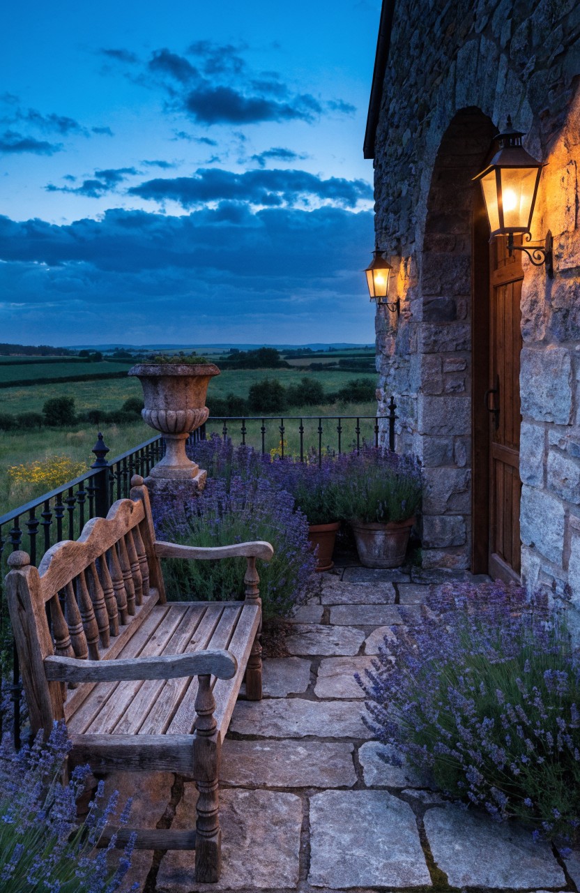 Rustic Bench on a Stone Balcony