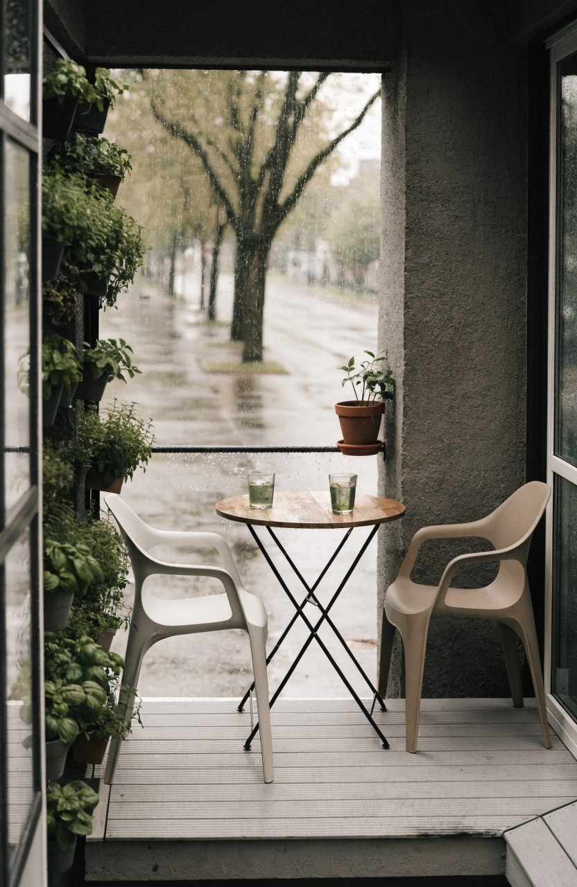 Small balcony with two white plastic chairs around a round wooden table holding two glasses, vertical green planters lining the left wall, large glass doors opening to a rainy street view.