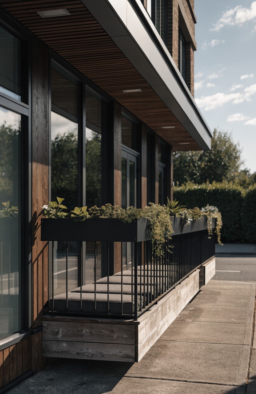 Modern multistory building exterior with wood cladding and large glass windows, showing a street-level balcony with black metal railing, integrated rectangular planter boxes filled with trailing green plants, and a long cushioned bench seat along the edge on a wooden platform.