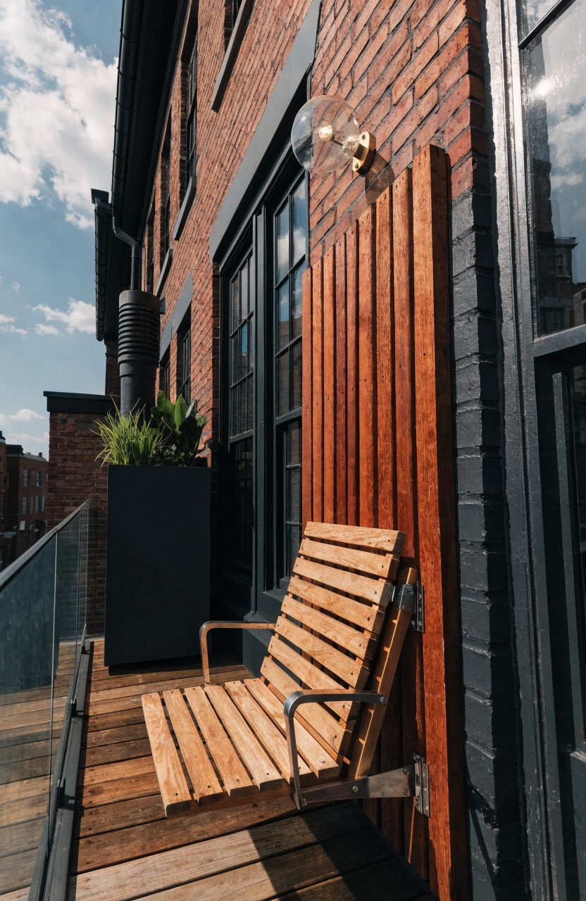 Wooden cantilevered lounge chair mounted on brick wall of a balcony with glass railing, wooden decking, slatted wood screen, black planter with plant, and globe wall light.