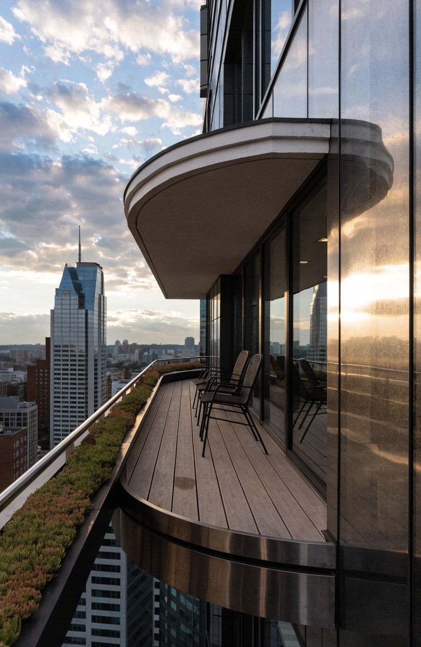 Cantilevered balcony on a high-rise with wooden decking, two slim chairs, low plants along the edge, glass walls, and city skyline view at sunset.