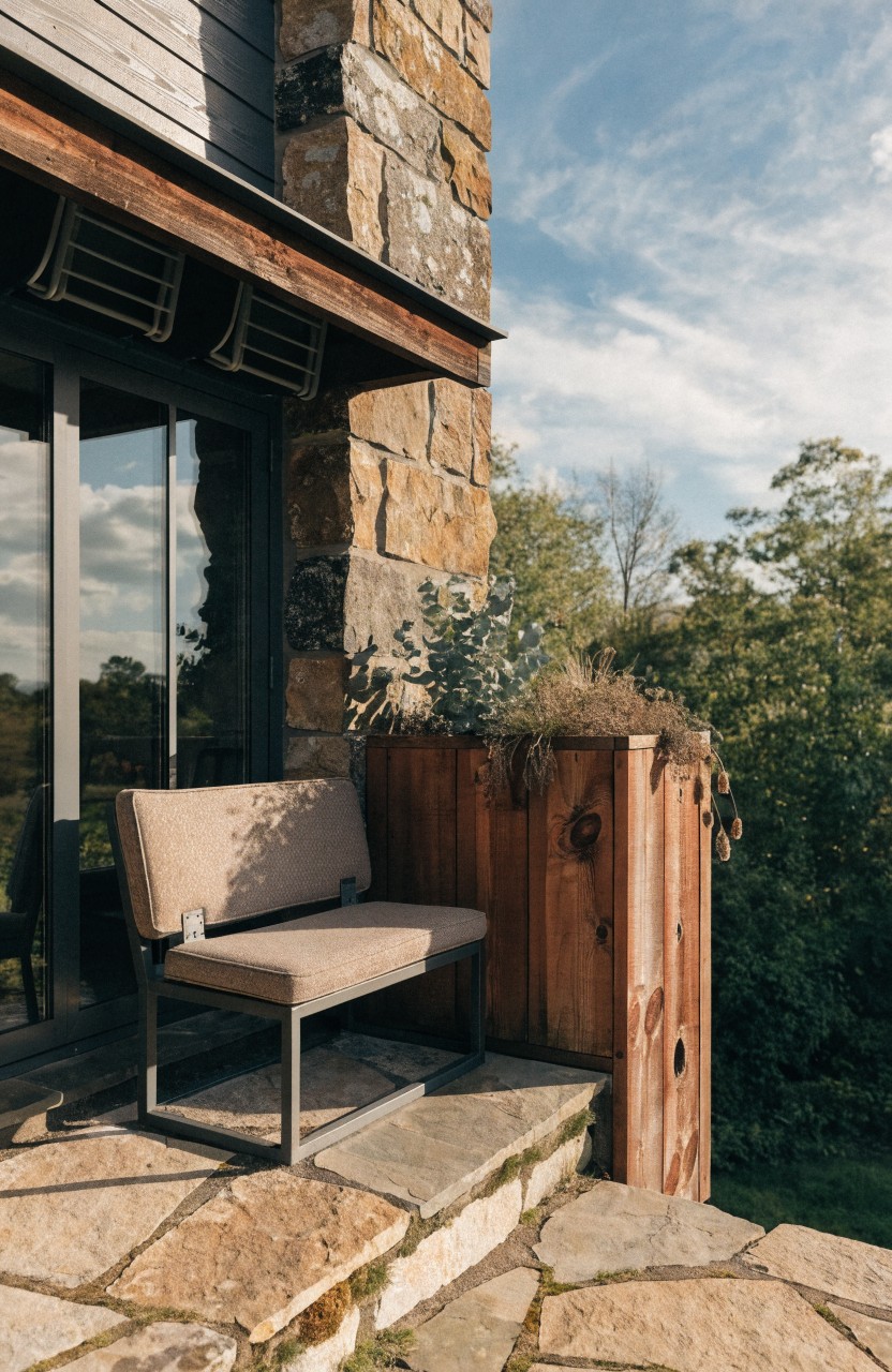 Stone house exterior with glass sliding doors opening to a balcony featuring beige cushioned chair on flagstone steps beside wooden planter box amid green trees.