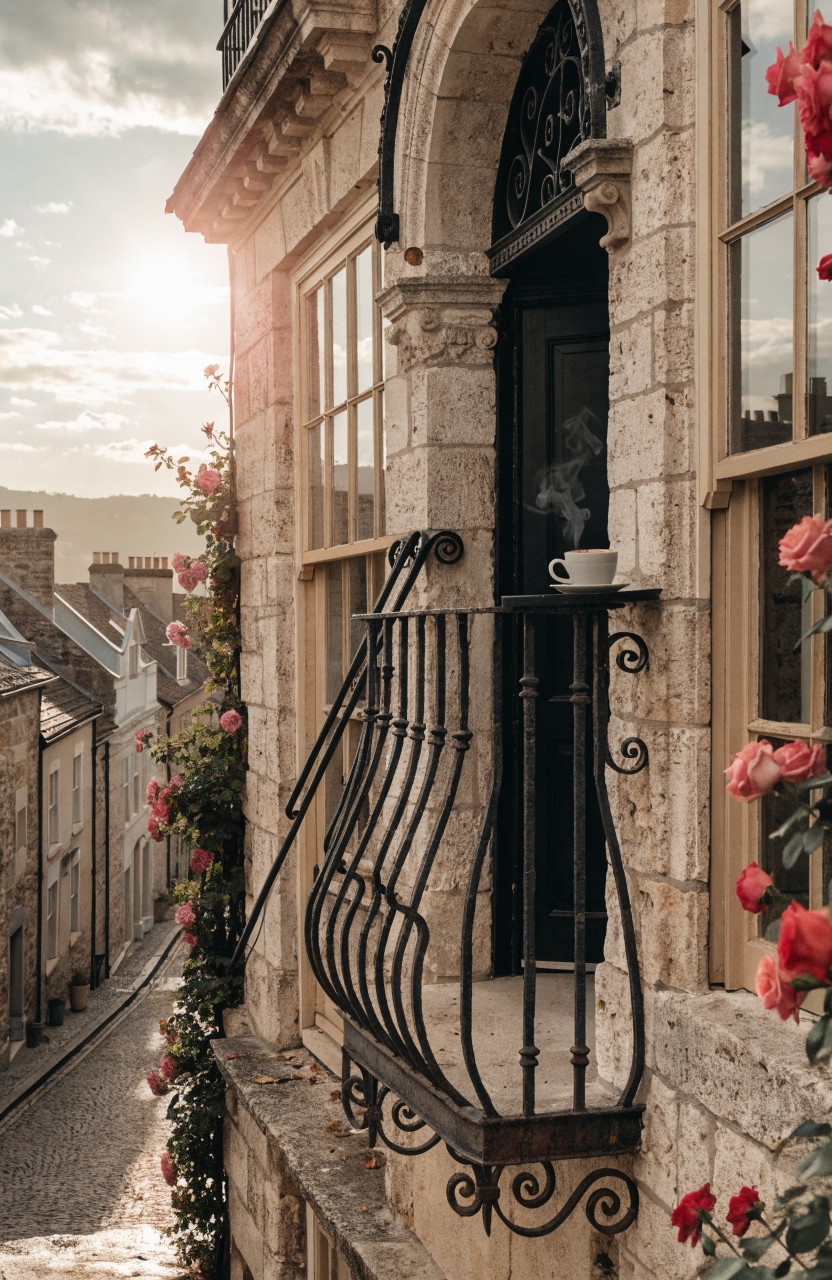 Close view of a beige stone building exterior featuring a black wrought iron balcony railing overgrown with pink climbing roses, a white cup with steam on the windowsill, and a cobblestone street below.