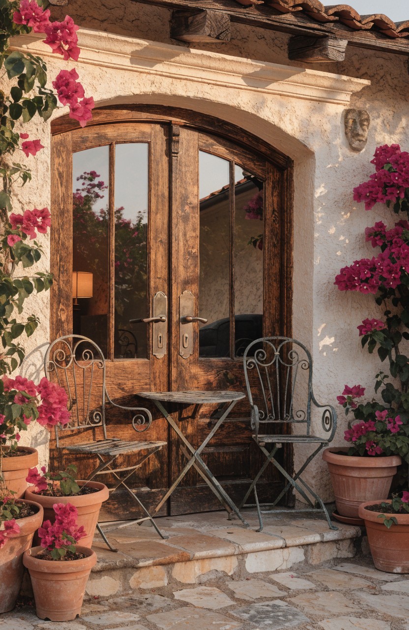 White stucco arched entryway with dark wooden double doors flanked by pink bougainvillea vines, two black wrought-iron chairs and a small table on stone steps, and potted plants in terracotta pots.